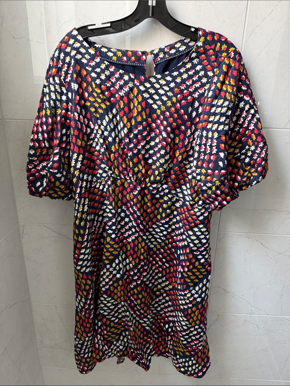 Anthropologie Navy Dress with Red, Yellow & White Dot & Floral Accents